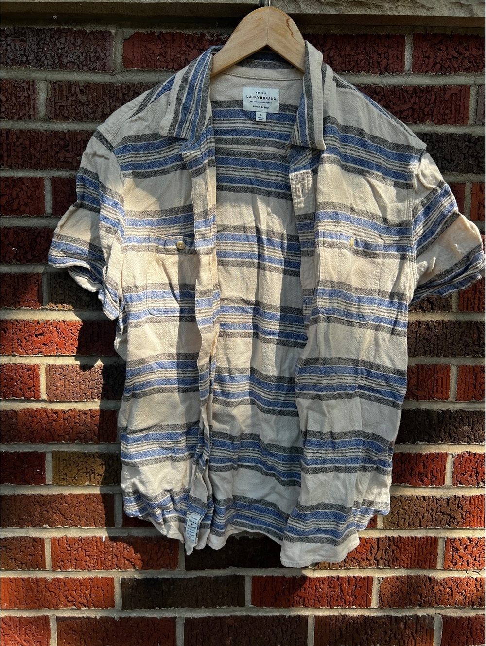 Lucky Brand Cream and Blue Striped Collared Button Down Short Sleeve Shirt